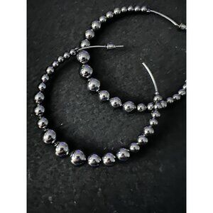 Jumbo Dark Shiny Silver Beaded Hoop Earrings